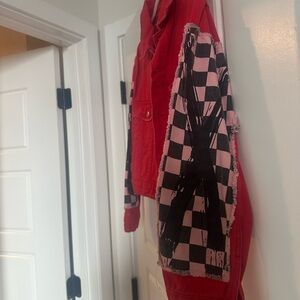 Signature Red Jean Jacket with Black Checkered Sleeves